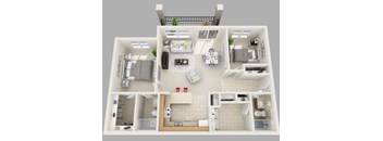 A 3D floor plan of B1 showing a kitchen, living room, and two bedrooms.