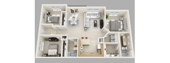 A 3D floor plan of C1 showing a kitchen, living room, dining room, and 3 bedrooms with 2 bathrooms