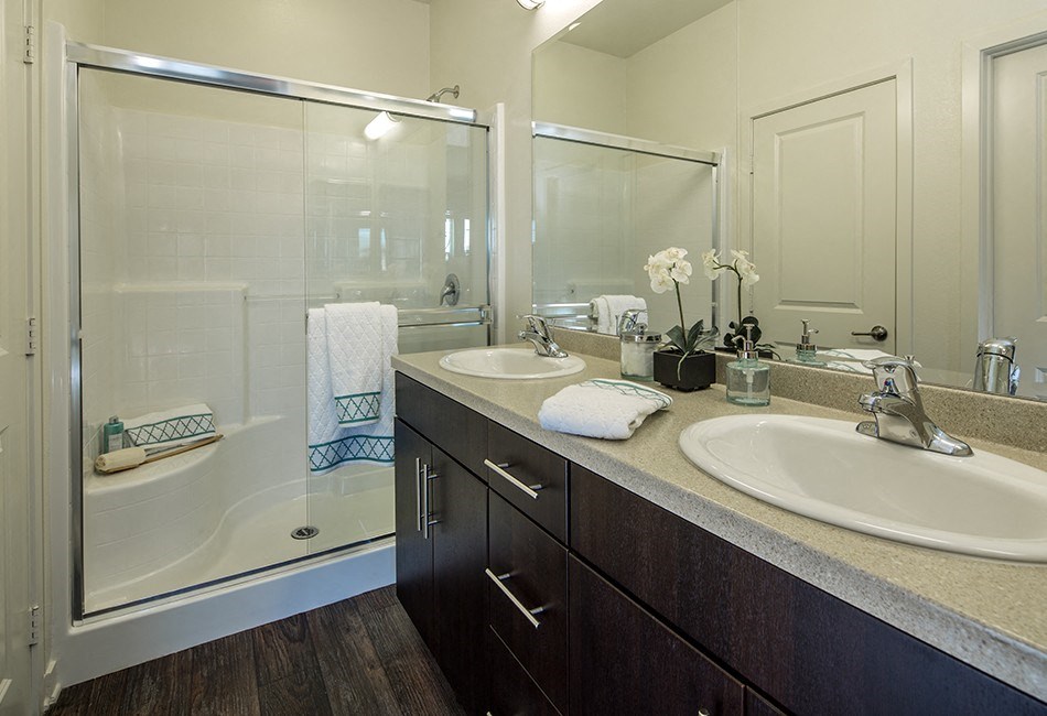 a bathroom with two sinks and a shower