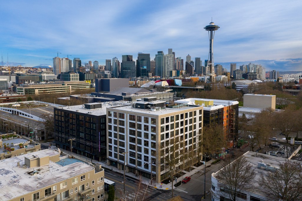 A cityscape with a tall building in the foreground and a mountain in the background.
