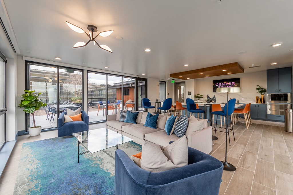 A spacious living room with a blue rug and a white sofa.