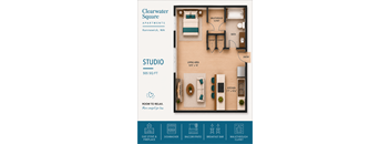 A floor plan of a studio apartment in Clearwater Square, Kennewick, WA, with a living area, kitchen, bathroom, and bedroom.