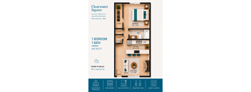A floor plan for Clearwater Square apartments in Kennewick, WA, showing a 1 bedroom, 1 bath apartment is 625 square feet with a gas stove and fireplace.