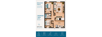 A floor plan for Clearwater Square Apartments in Kennewick, WA, showing a 2 bedroom, 1 bath apartment is 795 square feet.