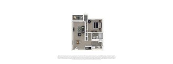 A 3D floor plan of a house with a kitchen, living room, and bathroom.