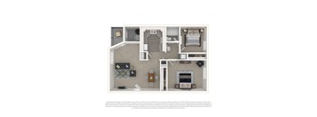 A 3D floor plan of a house with a kitchen, living room, and bathroom.