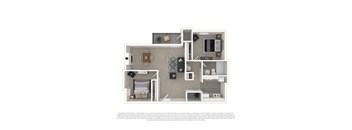 A 3D floor plan of a house with a kitchen, living room, and two bedrooms.