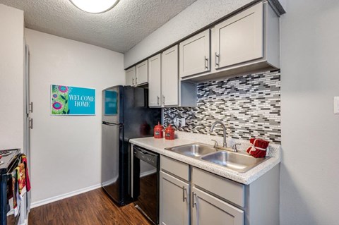 a kitchen with a sink and a refrigerator