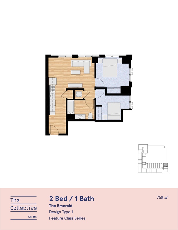 A floor plan of a 2 Bed / 1 Bath apartment from The Collective.