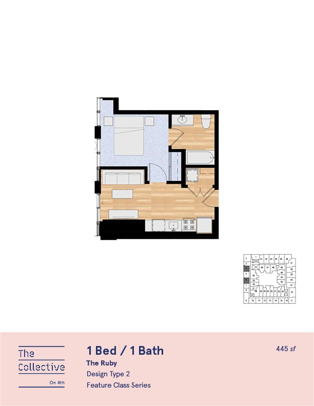 A floor plan of a 1 Bed / 1 Bath apartment from The Collective on 41st.