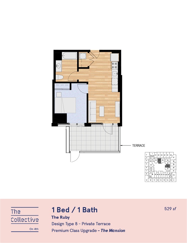 A floor plan for a 1 Bed / 1 Bath apartment at The Collective.