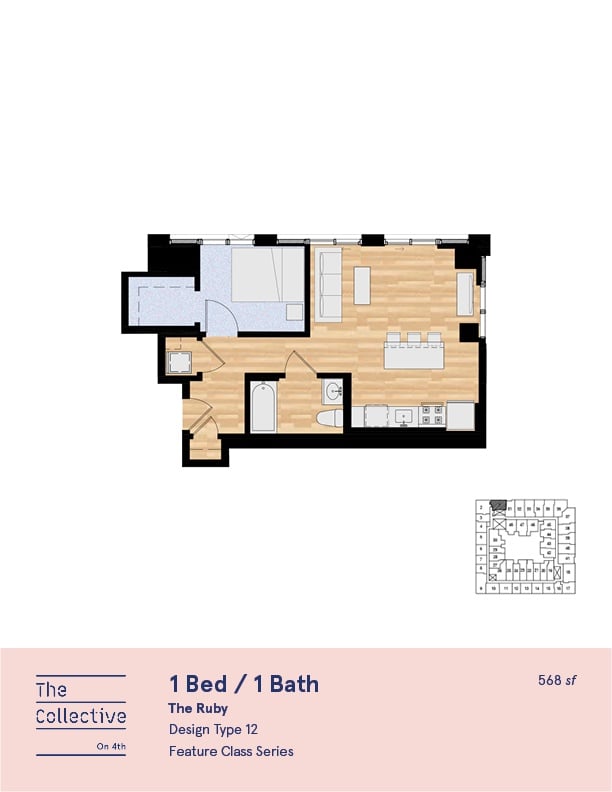 A floor plan for a 1 Bed / 1 Bath apartment in the Ruby Design Type 12 Feature Class Series.
