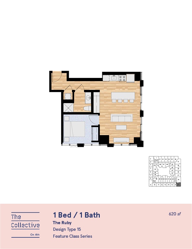 A floor plan for a 1 Bed / 1 Bath apartment is shown.