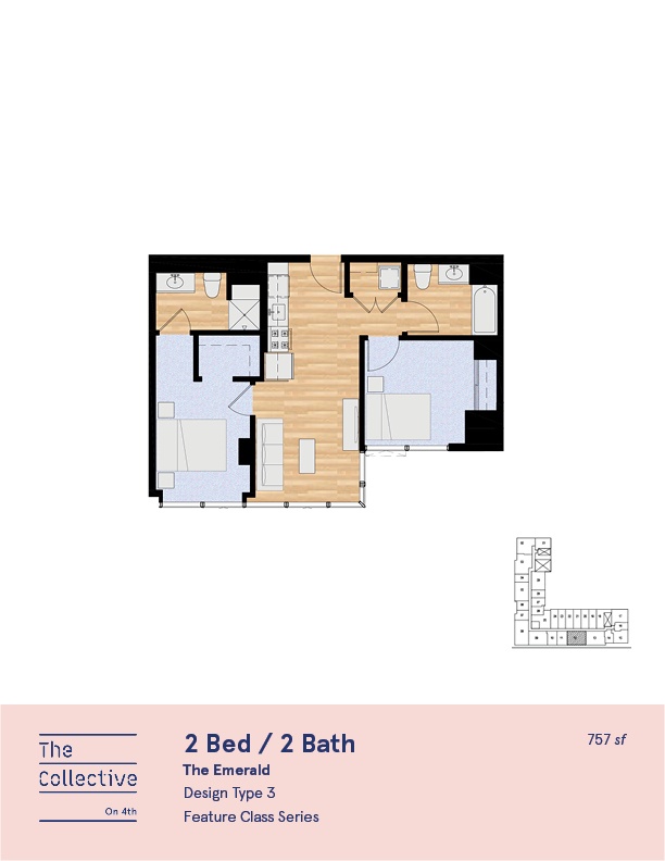 A floor plan of a 2 Bed / 2 Bath apartment from The Collective.