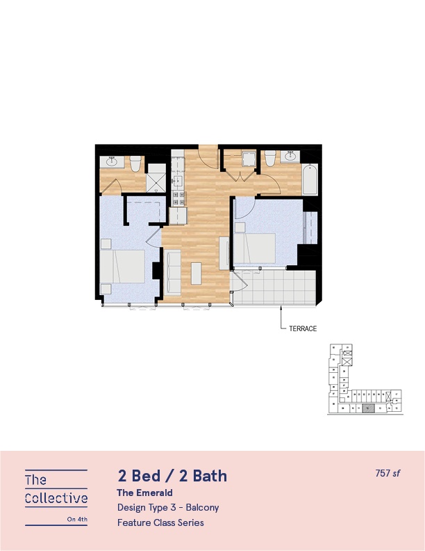 A floor plan of a 2 Bed / 2 Bath apartment from The Collective on 41st.