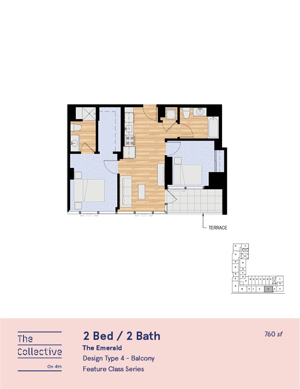 A floor plan for a 2 Bed / 2 Bath apartment in The Collective on 41st.