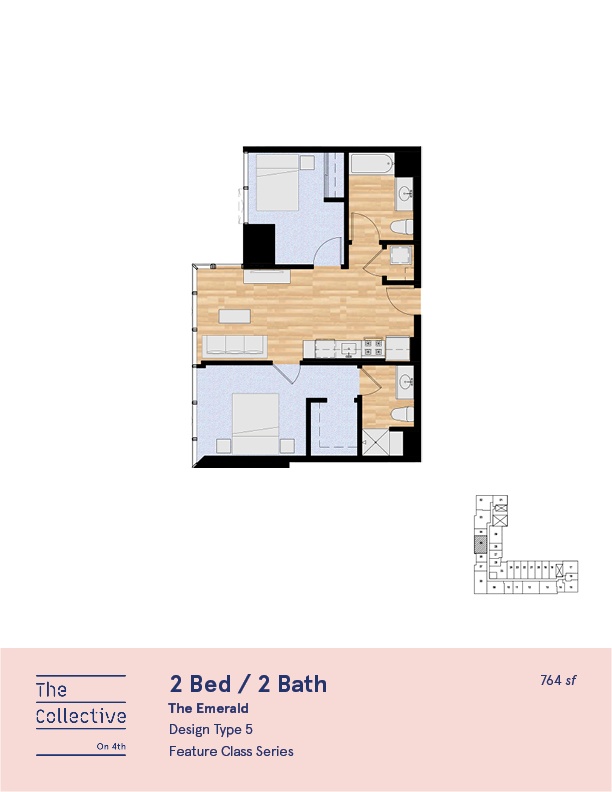 A floor plan for a 2 Bed / 2 Bath apartment.