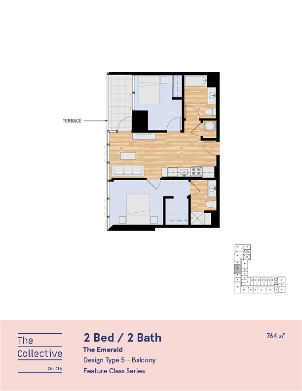 A floor plan for a 2 Bed / 2 Bath apartment.