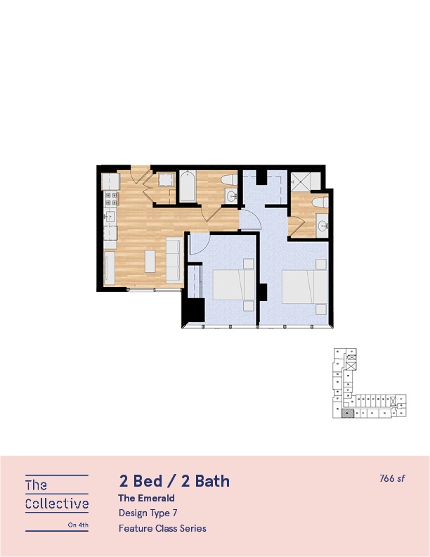 A floor plan for a 2 Bed / 2 Bath apartment.
