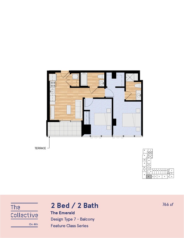 A floor plan for The Collective's 2 Bed / 2 Bath on the 4th floor.