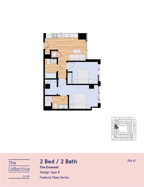A floor plan of a 2 Bed / 2 Bath apartment from The Collective on 41st.