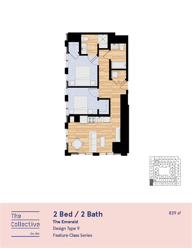A floor plan of a 2 Bed / 2 Bath apartment from The Collective on 41st.