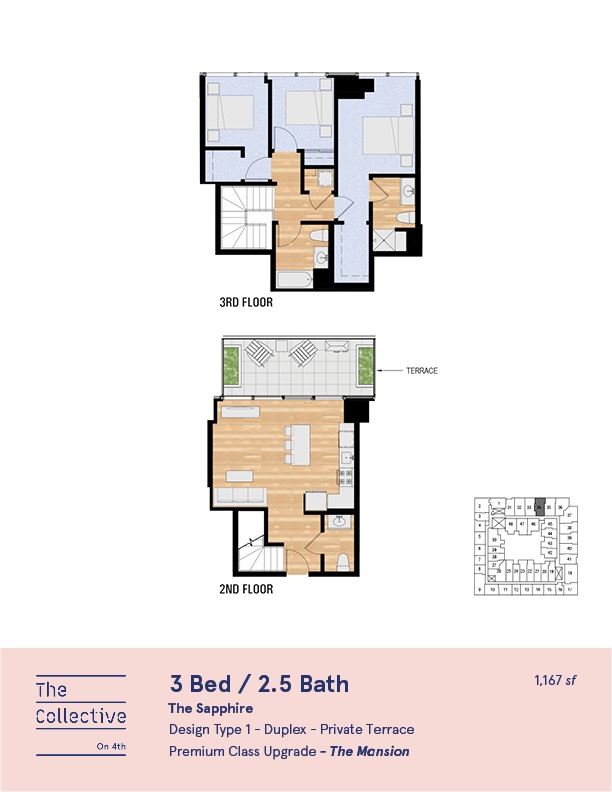 A floor plan for a 3 bedroom, 2.5 bath home by The Collective.