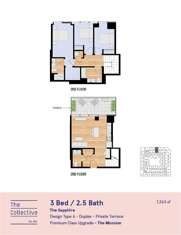 A floor plan for a 3 Bed / 2.5 Bath apartment on the 3rd floor and 2nd floor.