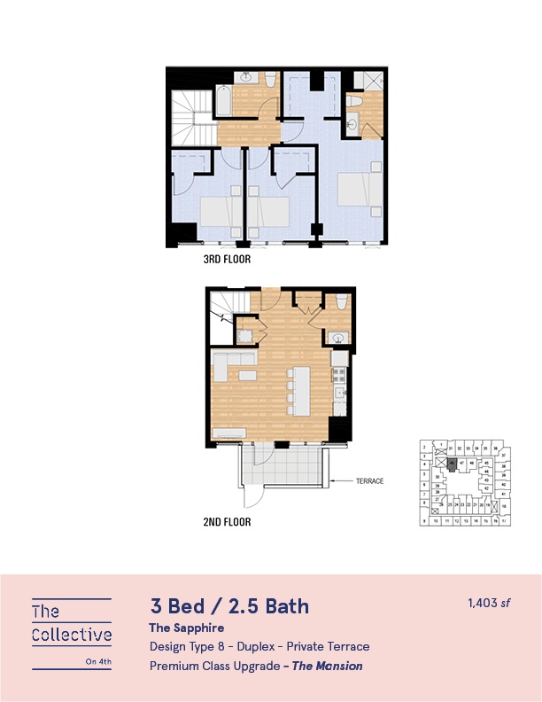 A floor plan for a 3 Bed / 2.5 Bath apartment on the 3rd floor.