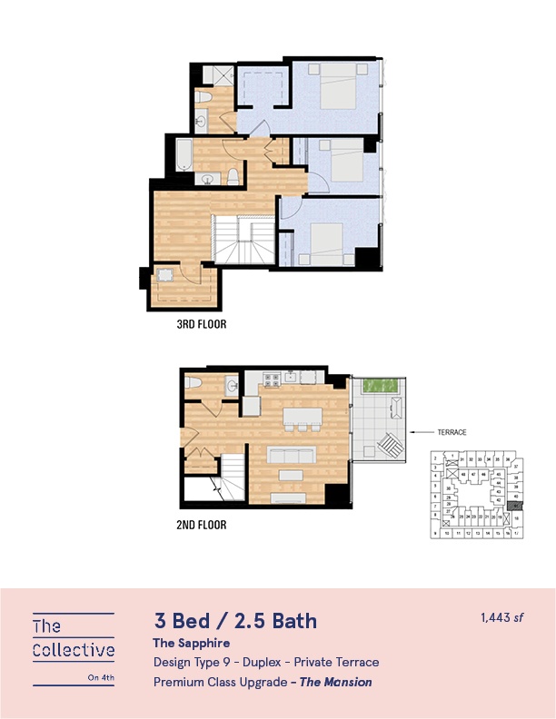 A floor plan for a 3 bedroom, 2.5 bathroom apartment is shown.