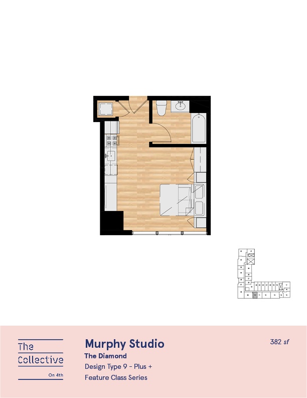 A floor plan of a studio apartment with a kitchen area and a bed.