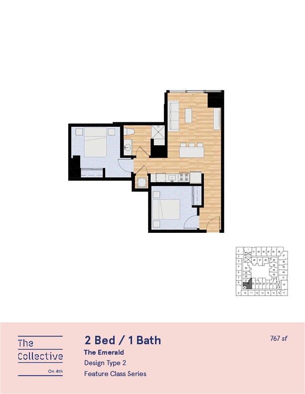 A floor plan for a 2 Bed / 1 Bath apartment.