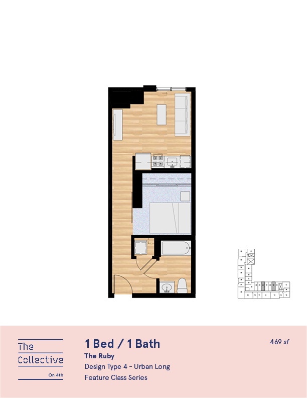 A floor plan of a 1 Bed / 1 Bath apartment in The Collective on 41st.