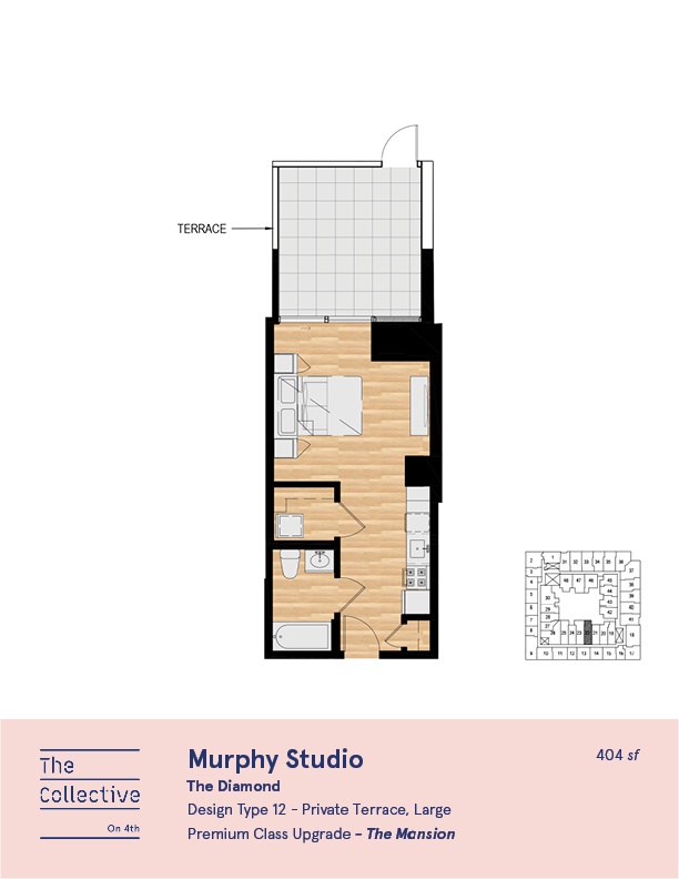 A floor plan for a 404 square foot studio apartment.