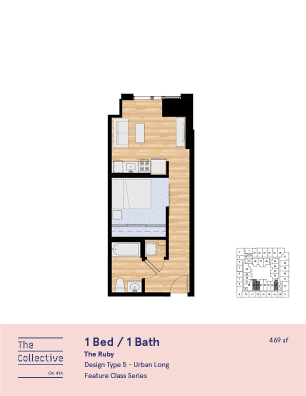 A floor plan for a 1 Bed / 1 Bath apartment.