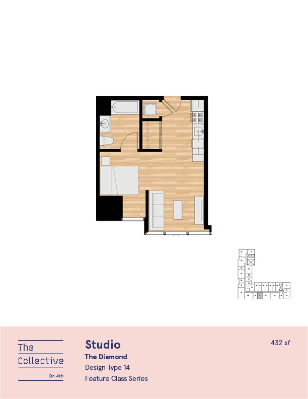 A floor plan of a studio apartment with a kitchen, living room, and bathroom.