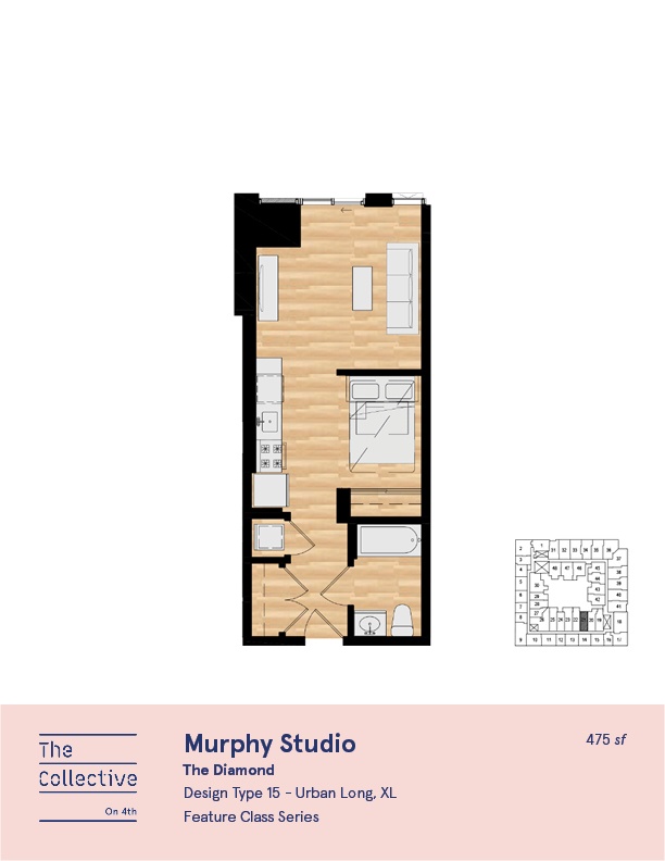 A floor plan of a studio apartment with a kitchen area and a bed.