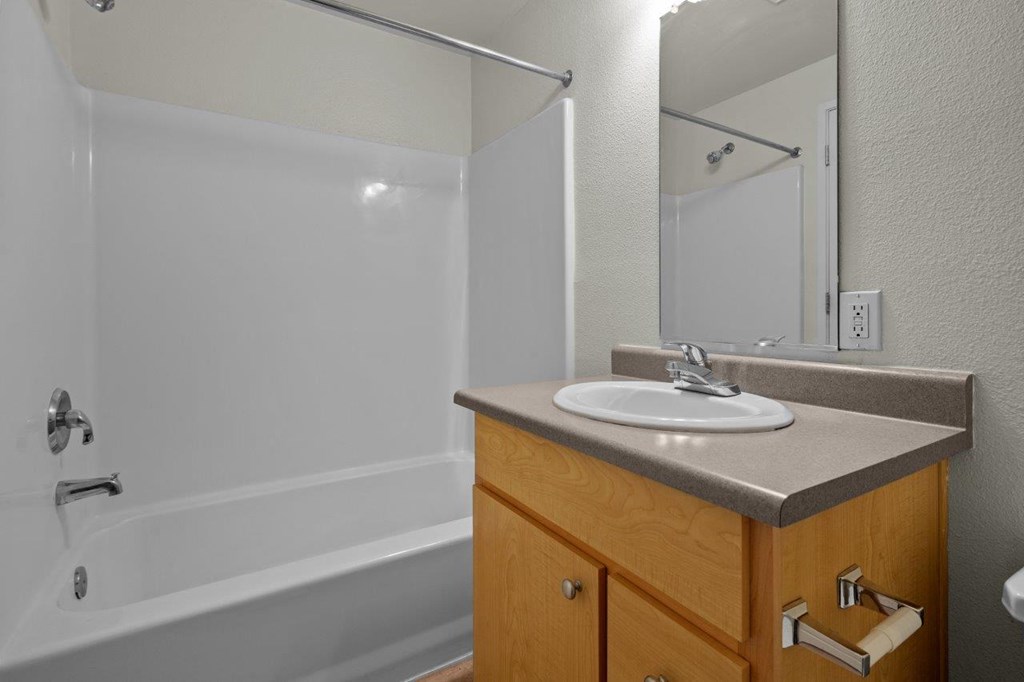 a bathroom with a sink and a shower and a mirror