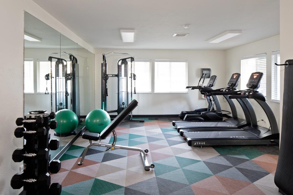 A gym with a variety of equipment including treadmills, weights, and a ball.