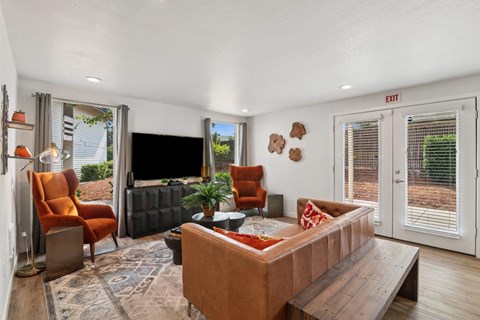 A living room with a brown couch and a television.