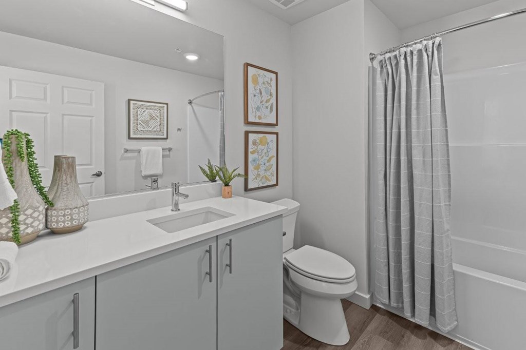 A white bathroom with a toilet, sink, and shower.