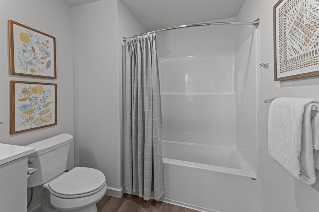 A white bathroom with a toilet, a shower with a curtain, and two pictures on the wall.