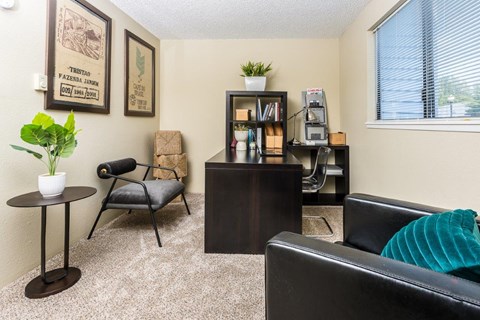 A living room with a black chair and a black sofa.