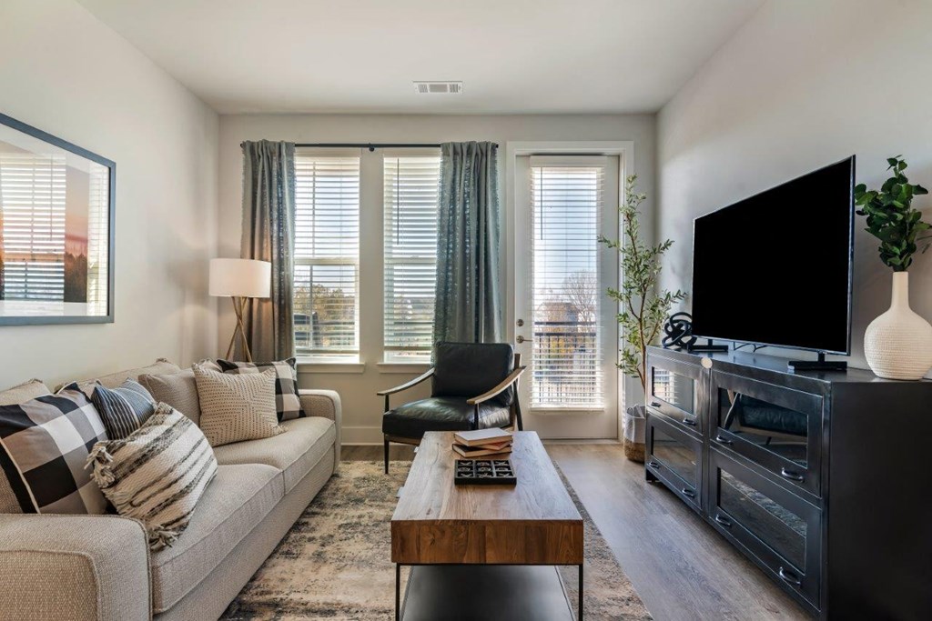 A living room with a couch, a chair, a coffee table, and a television.
