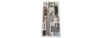 A small apartment layout with a living room, kitchen, and bathroom.