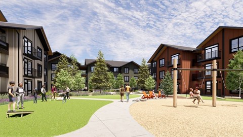 Courtyard with playground fire pit and resident activities at Cascade Landing Apartments, Bend, Oregon