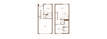 A floor plan of a two-story home with a living area, two bedrooms, a bathroom, a kitchen, a closet, a garage, and a courtyard.