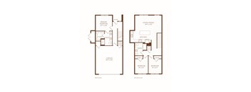 A floor plan of a two-story home with a primary bedroom, living/dining area, kitchen, two bedrooms on the second floor, and a garage.