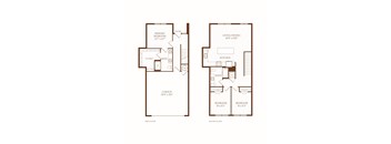 A floor plan of a two-story home with a living area, two bedrooms, a garage, and bathrooms.