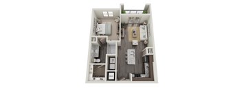 A top-down view of a small apartment with a bedroom, living room, and kitchen area.